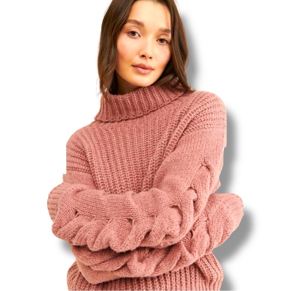 Vigoss Cozy Dusty Rose Rollover Knit Braided Sleeve Detail Turtleneck Sweater - Picture 3 of 16